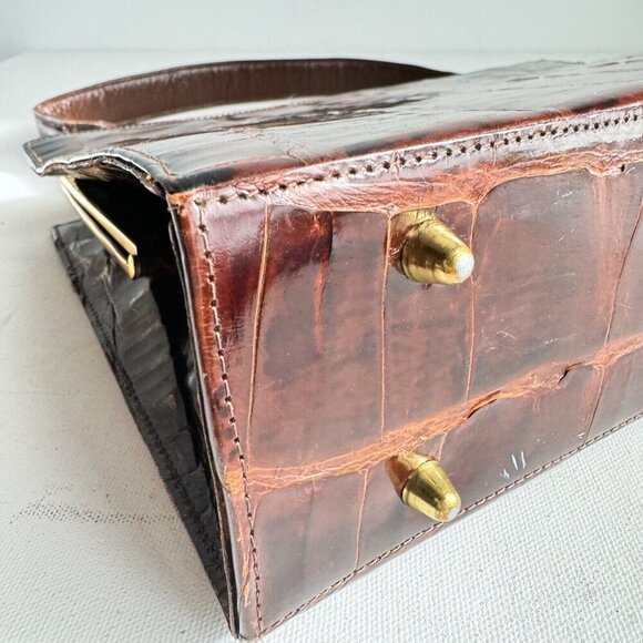 Vintage 50s 60s Crock Skin Brown medium Top Handle Bag - Picture 11 of 16